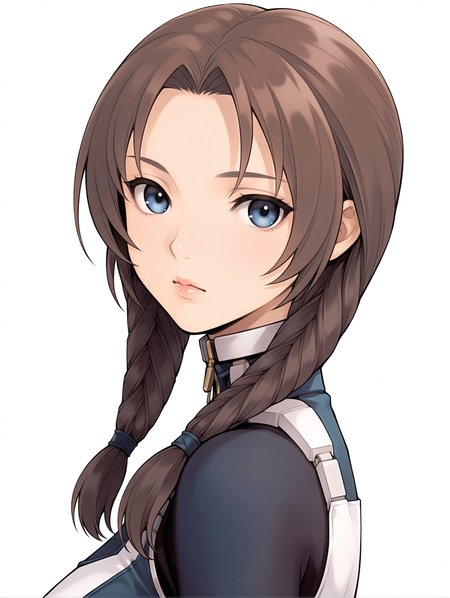 masterpiece,best quality,newest,
1girl,solo,
<lora:Mary_Appleton_ilxl_v1.0:1>,mary_a,twin braids,brown hair,blue eyes,lips,
m_suit,turtleneck,skin tight,bodysuit,crop top,short sleeves,fingerless gloves,leotard,<lora:Fixhands_anime_bdsqlsz_V1:1>,looking_at_viewer,cinematic_angle,looking_at_viewer,white_background,simple_background,upper_body,face_focus,portrait,from_back,looking_back,expressionless,