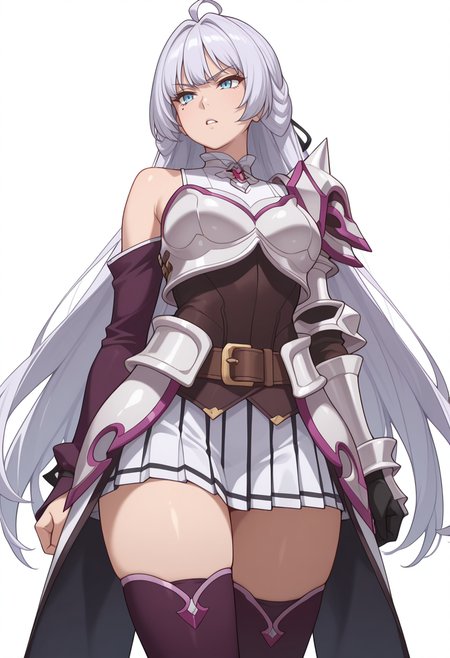 Smooth Quality,masterpiece,very intricate, high quality details, ultra realistic, high detailed skin,detailed enviorement,absurdres,
simple background, white background,
,from below,parted lips,scowl,
 <lora:Crylet_Kureha_cnn:0.8>
kurehacnn,1girl,bangs, blue eyes, ahoge, mole,  bare shoulders, grey hair, very long hair,
armor, skirt, thighhighs, detached sleeves, breastplate, belt, shoulder armor, gauntlets,