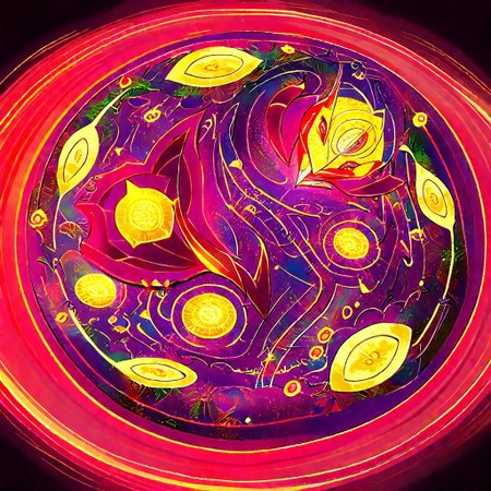 score_9, score_8_up, score_7_up, colored Mandala style, medium stylized pattern, (deep_purple base, black, red, and gold details), (glowing_golden_elements:1.2), Seviper, serpentine, vertical_figure_eight_pattern, intricate_design, symmetrical, traditional_mandala, luminous, mystical, highly_detailed, geometric_patterns, harmonious_composition, masterpiece, balanced,  artistic, reverence, best quality, absurdres, highly detailed,