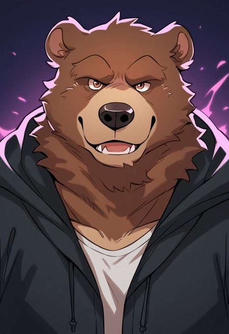 hoggan,furry,anthro,male,bear,brown fur, hooded garment,dark background BREAK score_9_up,score_8_up,score_7_up,score_6_up,score_5_up,score_4_up,normal quality,