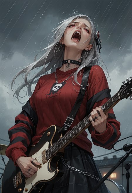score_9, score_8_up, score_7_up, score_6_up, score_5_up, score_4_up, source_anime, high res image, masterpiece, best quality, 1girl, solo, <lora:Kazuki Dora V2:0.8> Kazuki, silver hair, long hair, red eyes, head back, anguish, wailing, screaming, rain, overcast, downpour, depth of field, rooftop, <lora:StS_age_slider_v1_initial_release:2> <lora:Concept Art Twilight Style SDXL_LoRA_Pony Diffusion V6 XL:0.8> concept art, <lora:electric_guitar___playing_instrument:1> playing_instrument, electric_guitar, HDA_EmoFashionXL,