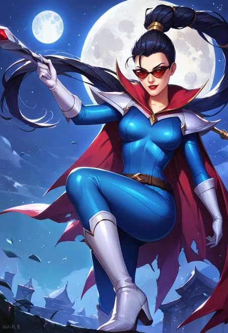 masterpiece,best quality, highly detailed, score_9, score_8_up, score_7_up, score_6_up,<lora:xl_more_art-full_v1:0.8>,source_anime,
BREAK
<lora:vayneXL:0.8>vayne, 1girl, moon, solo, black hair, long hair, night, weapon, bodysuit, full moon, breasts,sunglasses,  holding, ponytail, cape, parted lips, blue bodysuit, smile, belt, red lips, gloves, medium breasts, boots