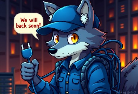 pixel art style, furry, male anthro wolf, blue engineer clothes, blue cap, yellow eyes, looking at viewer, tired, tangled in wires, holding wire plug, upper body, burning server room background, speech bubble you can see a sign that says "We will back soon"