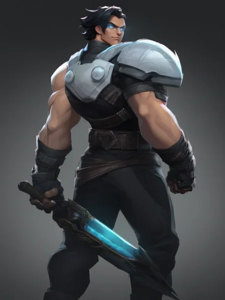 1girl, standing, looking back at viewer, masterpiece, best quality, high score, 
 <lora:Marvel_Rivals_Concept_Art_Style:1>,1boy, male focus, holding weapon, muscular male, glowing eyes, fingerless gloves, closed mouth, smile, black gloves, belt, jewelry, blue eyes, shoulder armor, clenched hand, manly