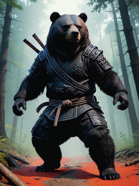 impactful color paint of The ninja bear with the silent movement , forest, mascot design, illustration,    <lora:Bold_Pop:0.6>  ...........  highly detailed, vibrant colors , 8k, sharp, professional, clear, high contrast, high saturated, , vivid deep blacks, crystal clear