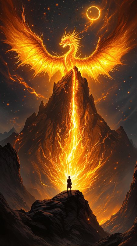 An awe-inspiring, mythological scene featuring a giant, radiant dragon with blazing feathers of gold and orange. The dragon is soaring majestically above a rugged, jagged mountain peak, which appears to be cracked open with a burst of fiery light at its core. The dragon’s wings glow intensely, lighting up the dark, volcanic landscape below. In the foreground, a lone figure stands on a rocky outcropping, silhouetted against the fiery glow. The figure’s stance is both reverent and powerful, gazing up at the magnificent creature, as if witnessing a rare or magical event. The sky is filled with swirling embers and faintly glowing orbs, giving the scene a cosmic, otherworldly atmosphere. The overall color palette is dominated by intense shades of orange, gold, and black, which accentuate the heat and mystique of the environment. The composition evokes themes of rebirth, power, and reverence, capturing a moment of awe as the mythical dragon rises above the chaotic landscape.