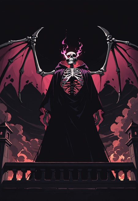 content_safe, safe_pos, score_9, score_8_up, score_7_up, 
High Quality, Solo
Male, Muscular male, Zombie Lich Overlord(skeleton face), large skeletal bat wings, Tattered robes, magical energy, flaming eyes, dark energy
standing on  the edge of a large balcony
Large imposing tower, evil architecture, high up in the clouds
Shot from behind, high shot, black background, blending, 