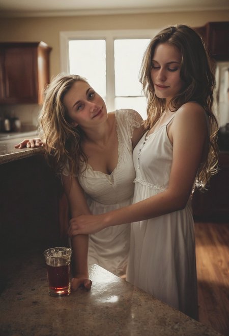 Darker lighting and atmosphere. Sensual and turned on by each other. Drinking sacrament wine.  More drunk. One woman has large breasts.Hyper realistic. More drunk and wasted. Two Mormon sister missionaries getting drunk in their apartment after a long day proselyting. They are obviously visibly very intoxicated.  Leaning together lovingly. Very drunk eyes. Very drunk sultry eye contact. more drunk expression. Disheveled hair. (((Falling, tripping, staggering, dizzy, sleepy))). (((blackout drunk))).Realistic skin. Film grain. Typical lighting wearing a nice modern dress. (((20 year old Mormon Temple square sister  missionary))). Her hair is very disheveled. She drank a lot of tequila(((heavily lidded, drunk eyes))) incoherent, and completely hammered.
 (((incoherent, wasted))) very  drunk. realistic photo.{{{increasingly wasted}}} after having way too much to drink.  (((falling down))) drunken expression. cinematic lighting. (((Flirting))). Soft contented smile. She's completely wasted and wants to have sex tonight.