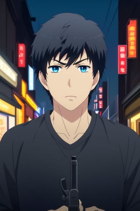 high resolution, solo, best quality, 1Boy, Arata Kaizaki, Portrait, Black Hair, Blue Eyes, portrait, midnight, dim street lights, mysterious, threatening, gun, aiming the gun to the viewer, OverallDetail