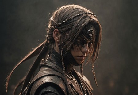 Super Closeup Portrait, Craft a compelling story inspired by the dystopian scene depicted in the photo, showcasing a blindfolded shinobi skillfully wielding swords to intercept brilliantly colored blades cascading from above. Explore the stark contrast between the ominous, dystopian backdrop and the vibrant, transparent blades in descent. Dive into the emotions, obstacles, and enigmatic ambiance conveyed by this distinctive scenario. very detailed, 
raw photo, a brown sunset landscape, photorealistic, high detailed texture, 8k uhd, dslr, soft lighting, high quality, film grain, Fujifilm XT3, highly detailed photography, (muted colors, cinematic, dim colors, soothing tones:1.2), vibrant, insanely detailed, hyperdetailed, (dark shot:1.2), (vsco:0.3), (intricate details:0.9), (hdr, hyperdetailed:1.2)
atmospheric haze, Film grain, cinematic film still, shallow depth of field, highly detailed, high budget, cinemascope, moody, epic, OverallDetail, gorgeous, 2000s vintage RAW photo, photorealistic, candid camera, color graded cinematic, eye catchlights, atmospheric lighting, skin pores, imperfections, natural, shallow dof