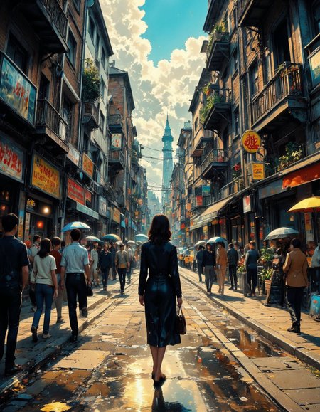 a vibrant, cinematic noon-time cityscape of a busy urban street glistening with recent rain, puddles reflecting colorful signs and blurred silhouettes. the pavement is wet and textured, with scattered reflections of neon, shop windows, and moving traffic. crowds of people move through the scene in motion blur, umbrellas closed and bags in hand, while one sharply focused woman stands still in the foreground—elegant, mid-stride, with long dark hair and a flowing coat, her figure catching the sunlight as it breaks through the overcast sky. the architecture is intricate and layered: wrought-iron balconies, weathered stone facades, streetlights, posters, and tangled wires overhead. the scene is bright, richly colorful, and highly detailed, with sharp reflections on the wet ground, subtle shadows beneath cars and pedestrians, glimmers of lens flare from metal and glass. dynamic composition, ultra-sharp focus on key elements, warm midday light mixed with cool pavement tones, cinematic realism, vibrant contrast, photographic precision, painterly atmosphere. <lora:Artsy_Photo:0.5> Artsy Photo,  <lora:Retro_Anime:0.85> retro_anime <lora:Vibrant_Glow_style:0.8> VibrantGlow style., vibrantglow