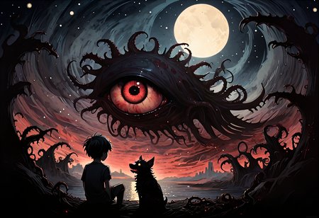 [dark shadowy silhouettes of a boy and his dog watching the moon rise over the horizon:a dark demonic eye with a corona of tentacles around it in the night sky, watching, dark shadowy silhouettes of a boy and his dog :3]  <lora:Poetic_Style:1>