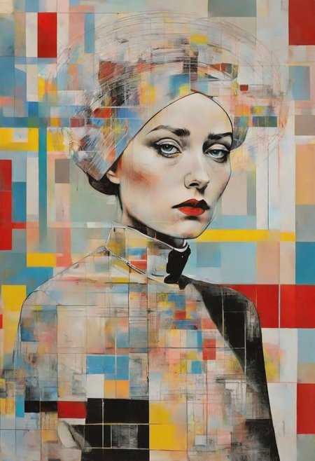 Dali, Malevitch, Rodchenko, Mondrian, Kandinsky, psychedelic hallucination, pop surrealism, rough crosshatch drawing pop art Lunatic_Portrait of a girl in latex, slick back, low bun, black makeup, sinister expression, intense glare, avant-garde, abstract, weird, geometric, constructivism, suprematism, rayonism, verticism, lineism, tj
