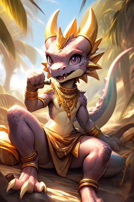 scalie, anthro, ((female)), ((kobold:1.3)), detailed pink scales, detailed scales, intricate scales, ((small breasts)), (nude), (detailed face), (detailed eyes:2), (big eyes:0.5), claws, open mouth, grin, (fangs:1.3),
cute, young, muscular, athletic, elegant, beautiful, claws, (slit pupils), bright eyes, expressive eyes, (chubby:0.5), (plump:0.5), smiling, happy,
lying on beach, pillows, playing, spread legs, raised tail, seen from above, saliva, 
(drooling:0.5),
<lora:dragon:0.1>, 
<lora:spyro:0.3>,
<lora:FurryCore:1>,
by darkgem, by thesecretcave, by silverfox5213, 
(golden bracelet, golden anklet, golden necklace, golden earrings, iridescent gold, collar, golden tiara), 
noon, sunlight, on a beach,
(ambient light on the body), 
Ray tracing, concept art, highly detailed, (hi res), ((masterpiece)), ((best quality))  cinematic composition, ultra realistic, 4k, (high detail:1.3), sharp focus