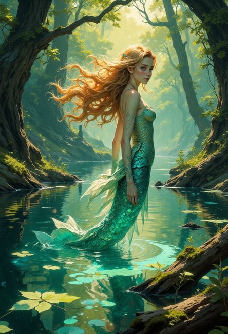 Enchanting fantasy illustration: A mystical young mermaid in a luminous forest lake, blending magical realism with ethereal natural beauty. Delicate underwater scene featuring:
Mermaid Details:
Iridescent turquoise tail with pearl-like shimmer
Flowing, sunlight-kissed golden hair with intricate wave patterns
Delicate, translucent skin with soft bioluminescent undertones
Graceful, elegant posture emerging from crystal-clear water
Environment:
Ancient forest lake with mirror-like water surface
Dappled emerald green sunlight filtering through dense canopy
Soft, rippling water reflections
Moss-covered stones and fallen logs
Subtle underwater botanical details
Atmospheric Elements:
Soft, diffused golden-hour lighting
Gentle water movement
Magical, dream-like color palette
Ethereal bokeh light effects
Delicate botanical shadows
Technical Specifications:
Photorealistic digital painting
Intricate light and water refraction
Volumetric lighting
Detailed texture mapping
Cinematic depth of field
Soft, painterly rendering
Artistic Style:
Magical realism
Fantasy illustration
Delicate, naturalistic approach
Subtle mythological undertones
