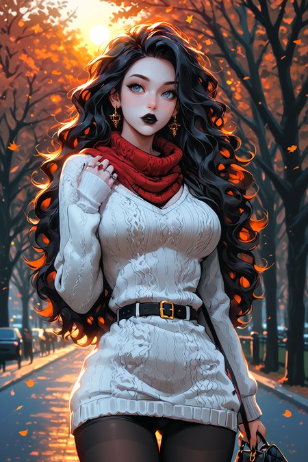 1girl, low-angle, allure goth girl, posing, holding a handbag, cozy autumn park, Amsterdam, crowded park, people on the background, lush trees, autumn leaves, golden sun, wind, windy, loose hair strand, hair on the wind, golden hour, evening, light particles, sunbeam, bokeh, blurry background, edge light, rim light, <lora:gg3:0.5> <lora:g0th1cPXL:0.25> <lora:Meticulous:1.0> <lora:xl_more_art-full_v1:0.5>
BREAK
long black wavy hair, crystal blue eyes, full black lips, black lipstick, black makeup, smokey_eyes
BREAK
white sweater dress, wide white belt, golden buckle, sweater, tight leggings, curvy body, big red scarf, big breasts, narrow waist, wide hips, curvy
BREAK
pale skin, white skin, hand to chest, colorful, bloom, score_9, score_8_up, score_7_up