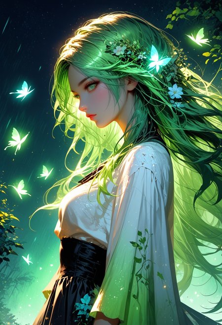 score_9, score_8_up, score_7_up, score_6_up, 1girl, solo,  (long flowy hair), flowy skirt, green forest background, Bioluminescent plants and floating wisps illuminate the scene,((dynamic pose)), ((flowers)), ((glowing butterflies)), night time, dark theme, starry sky, glowing hair,Multiple waterfalls , cinematic, vivid colors,Ethereal moonstone, ((saturated neon colors)), perfect hands, anzhcdreamwave, aesthetic, Perfect Hands, aurora borealis, cowboy shot, dynamic angle, beautiful scenery,Cinematic Hollywood Film,warm light style, Goth girl,MythAn1m3,Expressiveh,