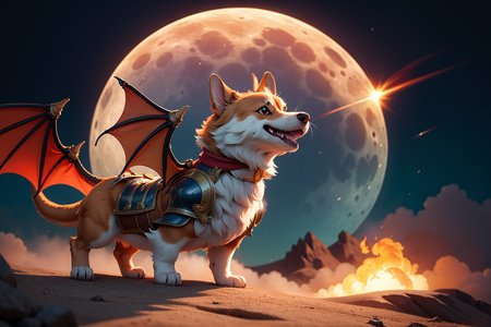 corgi in shinning armor fighting a fire breathing dragon, smoke and cloud in the background, moon in the background