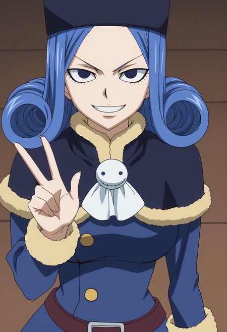 score_9, score_8_up, score_7_up, anime screencap, BREAK, 1girl, (solo:1.2),   <lora:DX888Juvia:1>, juvia lockser, blue hair,  curly hair, blue eyes, short hair, hat, dress, belt, capelet, fur trim, teruterubouzu,   ,   BREAK     naughty face,  female pervert, in heat, aroused smile,  pervy gin , lowered eyelids, v-shaped eyebrows, torogao, frenzy,  upper body, from above, v pose
