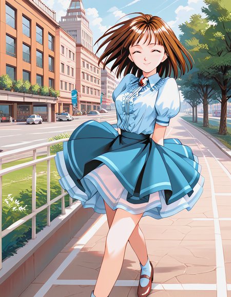 score_9, score_8_up, score_7_up, source_anime, masterpiece, high quality, 1girl,
 <lora:ShirakawaReiko_Pony_v01:1> shirakawareiko, brown hair, brown eyes, shirt, puffy sleeves, brooch, skirt, shoes,  city, happy, closed eyes, smile, closed mouth, wind, trees