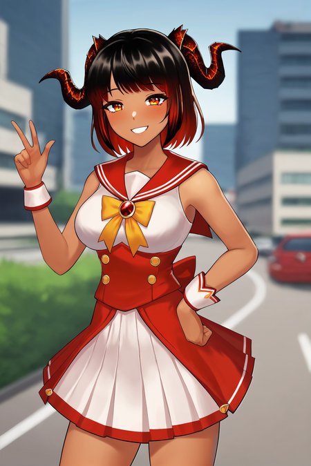 score_9, 
<lora:adcvr_v1_unpruned:0.75>, adcvr, tan, 
magical girl, 
serafuku, 
dress, short skirt, smile, 
outdoors, city, blurry background, 
high resolution, Masterpiece