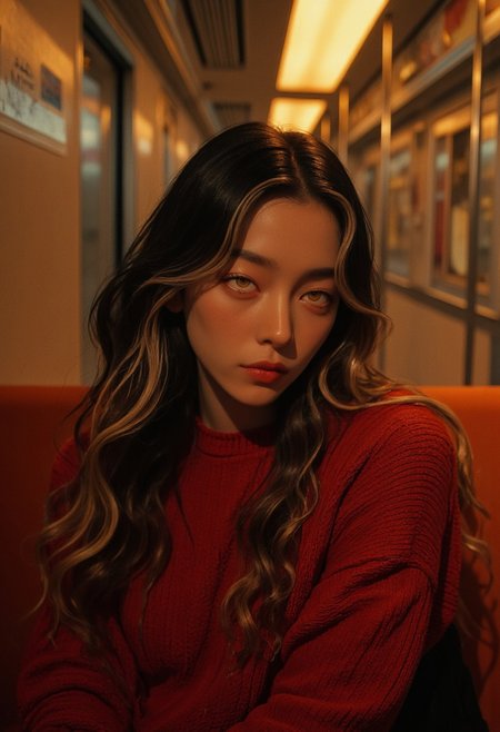 vantablack, bailing_fire, A breathtaking cinematic portrait of a youthful and elegant woman seated gracefully in a modern subway car. Her long, flowing hair cascades in soft waves, transitioning from a rich black base to luminous platinum blonde at the tips, catching the subtle interplay of light. She wears a snug, chic red sweater, its texture rich and cozy, complementing her delicate features and adding warmth to the scene. Her youthful face glows with smooth, radiant skin, sparkling eyes full of curiosity, and a serene, captivating smile that exudes confidence and charm. The warm, ambient lighting enhances the soft tones of her complexion, contrasting beautifully with the sleek metallic walls and vibrant orange seats of the subway car. The blurred background creates a dreamy, aesthetic atmosphere, while intricate details in her hair, attire, and posture evoke a sense of refined beauty and modern sophistication.