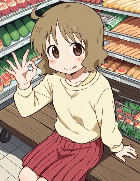score_9, score_8_up, score_7_up, source_anime, <lora:izumi-sakurai-s1-ponyxl-lora-nochekaiser:1>, izumi sakurai, short hair, brown hair, brown eyes, ahoge,, skirt, yellow shirt, pleated skirt, red skirt,, grocery store, shopping cart, picking fruits, everyday life, , smile, <lora:money-gesture-ponyxl-lora-nochekaiser:1>, money gesture, blush, sitting, couch, arm support, smile, tongue out, knee up, from above, looking at viewer, solo,, dutch angle, cowboy shot
