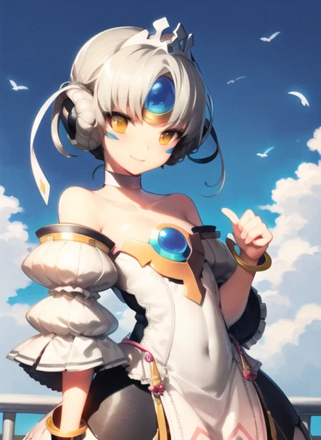 <lora:eve2-000008:1>, empress1, upper body, smile, outdoors, simple background, sky, day,
