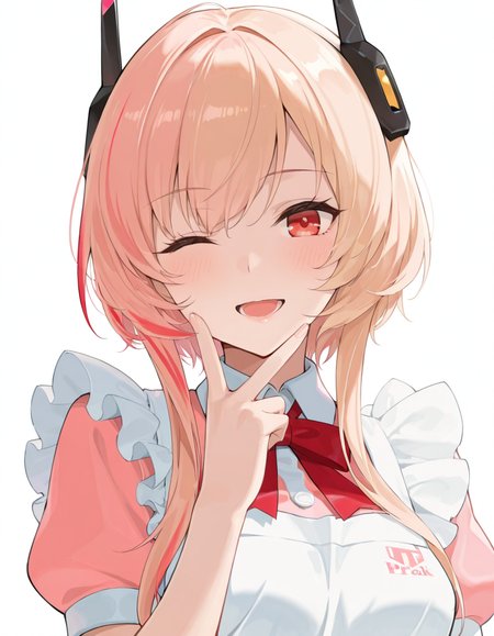 Volumetric Lighting, (masterpiece), (best quality), (ultra-detailed), masterpiece, source_anime, score_9, score_8_up, score_7_up BREAK, illustration, disheveled hair, detailed eyes, perfect composition, moist skin, intricate details, detailed eyes, detailed face, (((detailed fingers))) BREAK, short hair with long locks, blonde hair, pink hair, streaked hair, red hair, red eyes, BREAK, RacingParfait,RP_dress, RP_apron, RP_headgear, BREAK, ((white background)), looking at viewer, smile,upper body,face focused, open mouth, wink,v