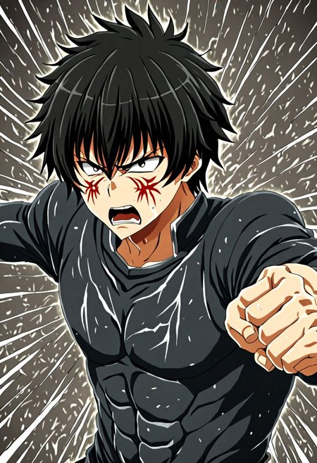 high resolution, solo, best quality, 1Boy, Seiya Kanie, black hair, short hair, thin, anger, fight, OverallDetail