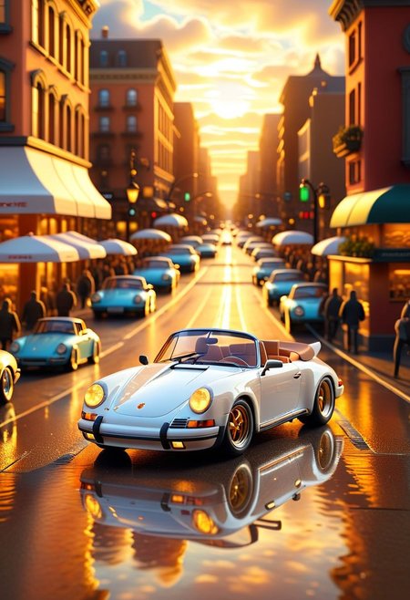 ispzxll, diorama, isometric, miniature, volumetric lighting style, intricate details, wide angle, ultra-detailed, white porsche convertible car, wet pavement, crowded busy city street, reflective surfaces, glossy, golden hour, long shadows, fluffy clouds, sun rays shining through, 8k