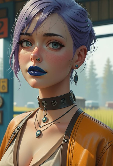 Dynamic wide angle full body view of a country side female goofy baker of an alternative retro-futuristic era. 
Cinematic. 
Raw photo. 
Stunning cleavage
Kissing expression. 
The WOMAN's face must be accurate and visible in any detail.
The WOMAN has side-shaved purple hair.
The hair have cyan tips and green strains. 
The WOMAN has heavy dark smokey makeup on the eyes.
The WOMAN has heavy dark matte dark-blue lipstick. 
The WOMAN wears a very intricate and detailed leather and metal choker. 
The WOMAN wears a piercing on the eyebrow.
The WOMAN wears a precious tiny diamond piercing on a naris. 
The WOMAN wears red dices as ears jewels. 
The WOMAN is looking straight at the viewer with tender expression and she is blushing, slightly shy. 
The WOMAN's skin is very realistic and very accurately detailed.
The WOMAN is subtly smiling. 
Many details everywhere. 
Ray-Tracing. 
Anti-Aliasing. 
Realistic reflections. 
Realistic soft shadows. 
Slightly desaturated colors. 
Insane quality. 
Insane resolution. 
Insane details. 
Masterpiece. 
16k resolution.
By Simon Stalenhag.