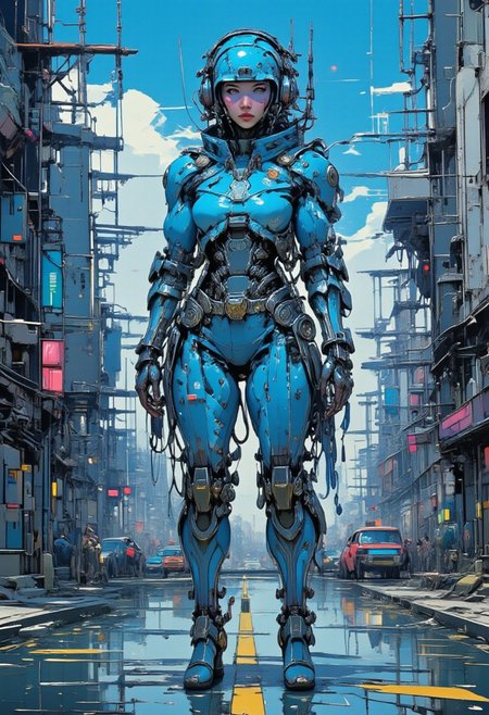 digital artwork in the style of cknc, amazing cyberpunk anime artwork, thin lines, sharp,  woman, maxtac, wearing blue and black robotic body suit, stading in the middle of a road of cyberpunk city under neon lights<lora:BLUE_mk4_angel_FLUX_03:1.3> <lora:CPA:1>  <lora:FLUXEvolyzedV1:1>
