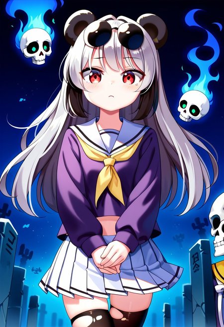 score_9, score_8_up, score_7_up, score_6_up, score_5_up, score_4_up, meimei, panda girl, long hair, black panda ears, black ears, (gray hair: 1.2), (red eyes: 1.2), skull eyes, skirt, school uniform, pleated skirt, serafuku, white skirt, shirt , purple shirt, sailor collar, white sailor collar, long sleeves, handkerchief, yellow handkerchief, long stockings, (torn clothes:1.2), skeleton hand, floating, blue fire in the adomen, in a cemetery, frowning, annoying, blue fire,looking at the viewer