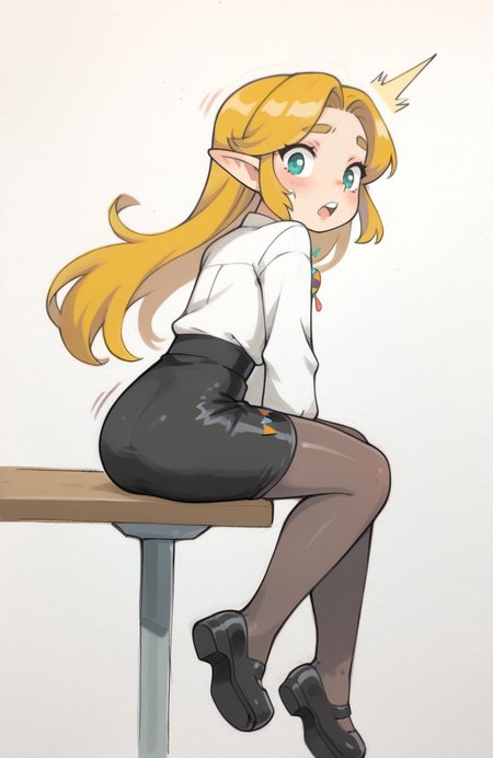 1girl, solo, <lora:qtkat:0.9> qtkat, traditional media, watercolor \(medium\), 
<lora:Zelda-IL-v2:0.5>, ChopioZelda, blonde hair, aqua eyes, pointy ears, long hair, hospitality uniform, long sleeve blouse, high waist skirt, pantyhose, mary janes, bow, sitting, slight lean back, jaw dropped, gleaming eyes, surprised, extremely detailed, highres, masterpiece, best quality