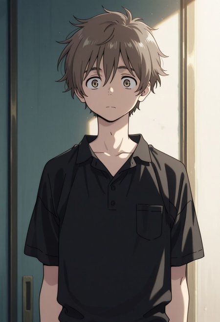 masterpiece,best quality,amazing quality, source_anime, 
shunhashimoto, 1boy, male focus, solo, brown eyes, brown hair, shirt, black shirt, collared shirt, short sleeves,