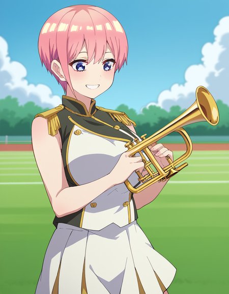score_9, score_8_up, score_7_up, source_anime, <lora:ichika-nakano-s2-ponyxl-lora-nochekaiser:1>, ichika nakano, short hair, bangs, blue eyes, hair between eyes, pink hair, pixie cut, large breasts, <lora:band-uniform-ponyxl-lora-nochekaiser:1> band uniform, marching band, shako cap, trumpet, epaulettes, instrument, sleeveless, skirt, white skirt, miniskirt, playing instrument, track and field, blush, smile,, cowboy shot,