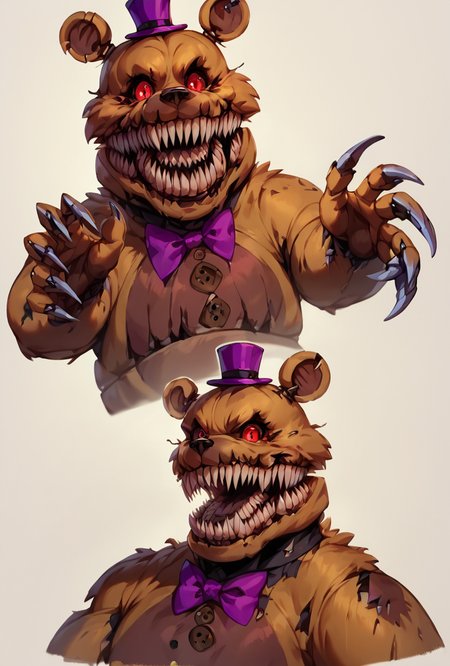 score_9, score_8_up, score_7_up,,  good quality ,, character focus, solo, , best quality , detailed background,  <lora:fredmare-04:1> fredmare, purple top hat, , teeth, no humans, purple bowtie, sharp teeth, claws, red eyes, bear, mini hat, , simple  <lora:concept:1> conceptart, multiple views, white background, simple background