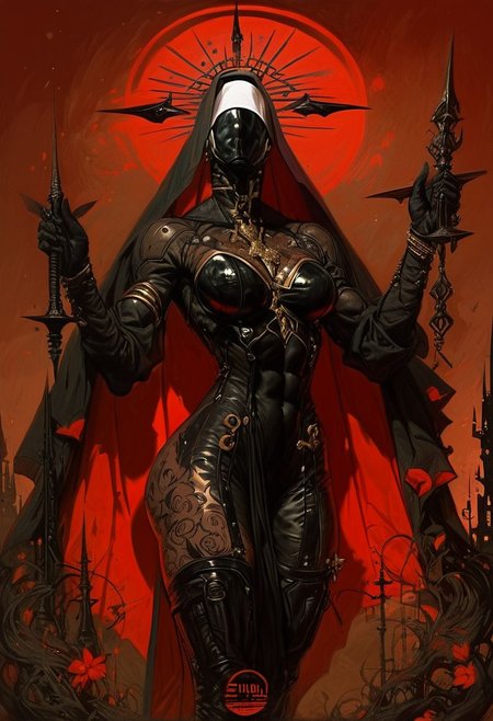 ((score_9, score_8_up, score_7_up)), (((character design, sci-fi warrior women, feminine power, perfect anatomy))), 
An enigmatic figure of a (satanic)nun(caucasian), her (dark habit_catsuit covers all her skin), conducting a sensual satanic ritual inside a dark cathedral during night under a red eclipse. Her (eyeless)mask, elaborate crown, (fully)conceals her identity, adding to her mystique and allure. gold stiletto platform thigh boots, big breasts, tiny waist, flat abs, naughty, looking at viewer, seducing with her body, dancing towards viewer with her arms posing, sexy ass seductive wide hips, butt cheeks, twerk, huge perky breasts, in the style of a vintage, high-contrast setting. Emphasize theatrical elements with extreme opposition of bright colors against dark, moody backgrounds, under a dark red sky
,big butt, booty, bubble butt, <lora:add-detail-xl:2>