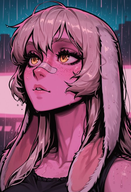 score_9, score_8_up, score_7_up, masterpiece, best quality, very aesthetic, 1girl, detailed face, (dynamic:1.1), incoth, (incase:0.6), thick linework, black outline, rabbit girl, rabbit ears, floppy ears, rabbit tail, platinum blonde hair, extremely long hair, smooth hair, golden eyes,  cute, freckles, innocent, black crop top, goth, portrait, bandaid on nose, blurry background, pink lighting, night, dark, pink theme, rain, 