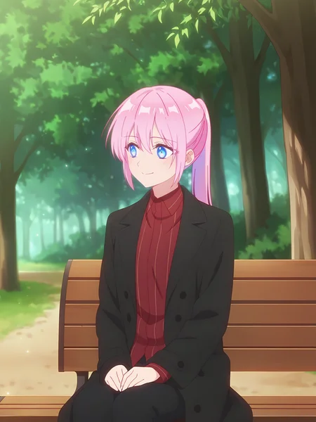 <lora:Shikimori_from_Shikimoris_Not_Just_a_Cutie_Multiple_Outfits:0.8>shikimori, 1girl, solo, blue eyes, pink hair, ponytail, open long black coat, red striped shirt,  black pants, brown chelsea boots, looking away, closed mouth, blushing, sitting on a bench, (cinematic lightings:1.2), trees, nature, park