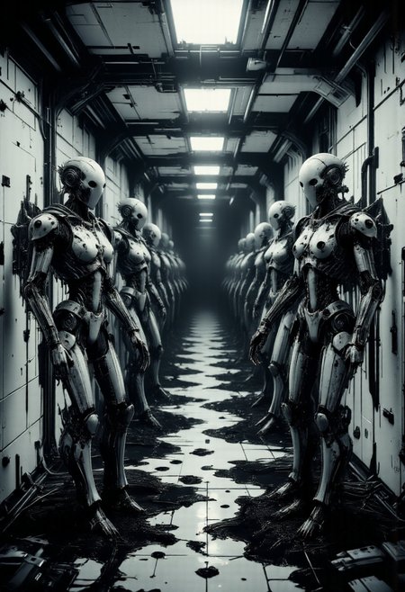 (Dark sci-fi horror corridor, stretching from left to right, with rows of deformed robots standing eerily like mannequins from Silent Hill. Each robot is slightly damaged, with missing parts and unsettling poses, while their bodies remain still, they have all turned their heads towards the viewer, staring intently, with pitch-black blood like tar flowing from their eyes, cracked or fractured heads and limbs, casting eerie shadows on the white, cracked walls and black marble floor. The atmosphere is haunting, with dim, cold lighting that enhances the sense of dread, creating a surreal, unnerving corridor scene. Rendered in hyper-realistic detail, the image is smooth and sharp, with every element captured with crystal-clear precision and lifelike clarity. highly detailed, ultra detailed),  <lora: - Flux1 - vanta_black_V1.0:0.5>,  <lora:ck-nc-pastel-cyberpunk:0.6>,  <lora:Neon_Noir_FLUX:0.5>,  <lora:scifi-robot-flux:0.7>,  <lora:abelè¡é­æ³f.1:0.5>,  <lora:Realistic_Horror_Flux_10-000001:0.5>,  <lora:aidmaHyperRealismV0.2:0.5>, <lora:HORROR_lora.TA_trained:0.5>