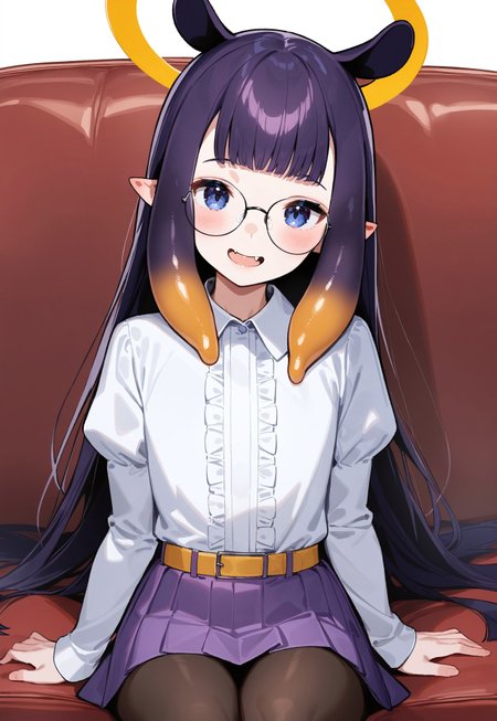 1girl, solo, ninomae ina'nis, blue eyes, pointy ears, tentacle hair, blunt bangs, long hair, flat chest, shiny lips, blush, excited, open mouth smile, fang,
yellow halo, round eyeglasses, white shirt, frilled shirt, juliet sleeves, shirt tucked in, yellow belt, purple pleated skirt, brown pantyhose,
white background, on couch, red couch, long couch, plain couch, looking at viewer, head tilt, sitting, straight-on, adjusting hair,
masterpiece, best quality, very aesthetic, absurdres, safe,