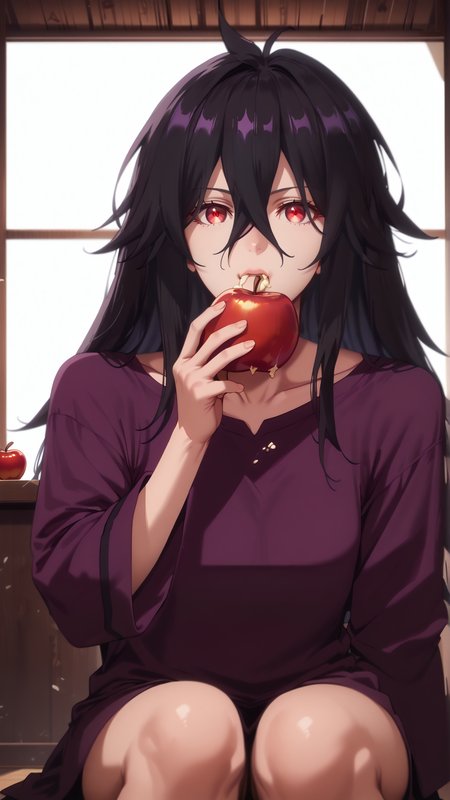 sjsartstyle, 2d, (zPDXL2), cowboy shot, dynamic shot, dynamic angle, webtoon, anime, centered, masterpiece, 1girl, 1woman, solo, sitting, purple shirt, eating red apple, FighterXX, long hair, black hair, red eyes, hair between eyes, messy hair, collarbone, wide sleeves, slipped down shirt, ((indoors, room, metal walls)), <lora:sd_xl_dpo_lora_v1:1>, <lora:OMG-Is-DucHaiten_v1.0:0.1>, <lora:sjsartstyle pony:1>,  <lora:GoGoLoserRanger:0.8>