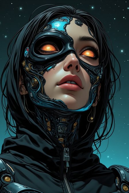 illustration, cartoon, anime, manga, drawing, (in Otomo Katsuhiro style:1.4), high-quality, masterpiece, a Photo of a female android with one side of her face missing, revealing intricate wires and circuits, distant stars reflected in her eyes, Style is Hyperreal with subtle cosmic elements, Lighting is Dramatic, Backlit, high dynamic range, low-angle shot, futuristic, (elaborately detailed attire with extraordinary elements:1.1), (hyperdetailed:1.1), (intricate details:1.0), (Refined details:1.1), (best quality:1.1), (high resolution:1.2)