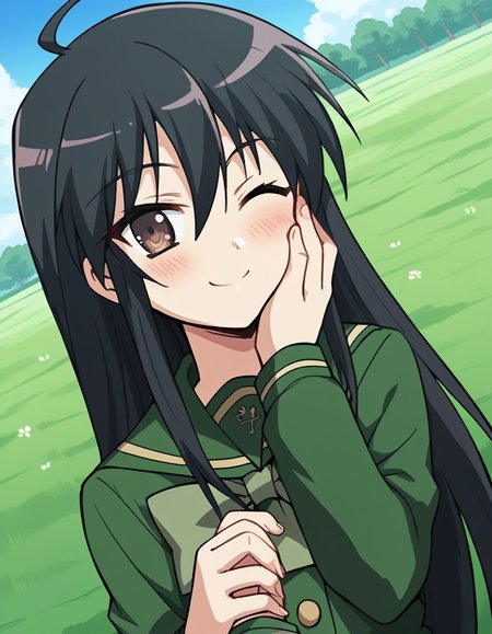 score_9, score_8_up, score_7_up, source_anime, <lora:shakugan-no-shana-s1-ponyxl-lora-nochekaiser:1>, shana, long hair, black hair, brown eyes, ahoge, sidelocks,, school uniform, serafuku, green serafuku, bowtie, green bowtie, green shirt, green sailor collar, long sleeves, green skirt, buttons, thighhighs,, rural, fields, houses, countryside, quiet, , <lora:guided-hand-on-cheek-ponyxl-lora-nochekaiser:1>, guided hand on cheek, hand grab, hand on another's cheek, hand on another's face, looking at viewer, pov, pov hands, smile, blush, one eye closed, caress, caressing cheek, looking at viewer, solo,, dutch angle, cowboy shot