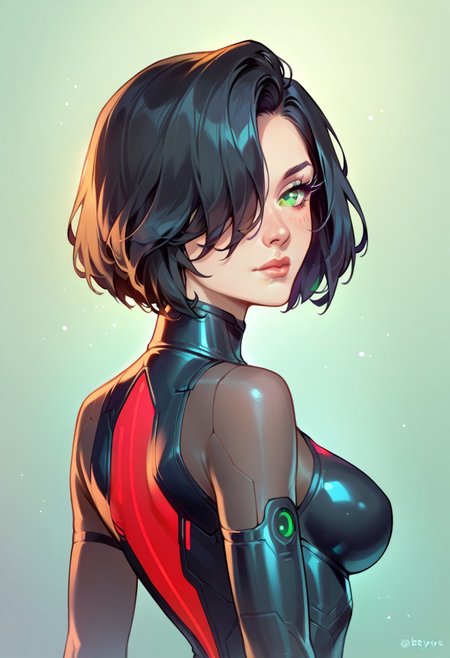 score_9, score_8_up, score_7_up, 
source_cartoon, 2d, 
<lora:DetailedEyes_last:1>, green eyes,
high quality, , solo, Tron style, Quorra (Tron: Legacy), black hair, straight hair, hair over one eye, bodysuit, neon trim, arm gloves, latex bodysuit, TRON suit, medium breasts, Round Breasts, (close up:1.4), looking back over shoulder, perky bottom, back, shoulderblades,