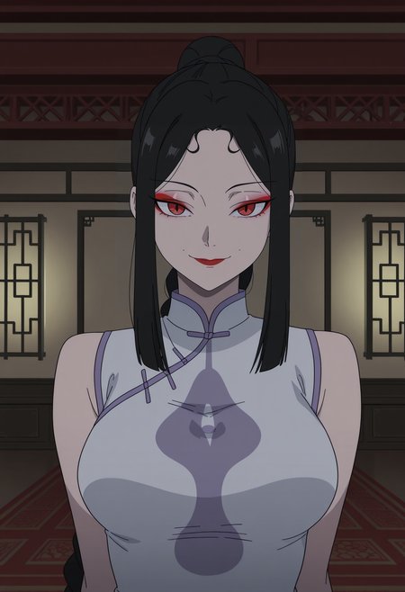 1girl,solo,mm,mature female,long hair,ponytail,very long hair,black hair,red eyes,makeup,braid,breasts,anime coloring,
chinese clothes,china dress,white dress,upper body, looking at viewer, smile,indoors
,masterpiece,best quality,amazing quality,<lora:Sheyao-Capsules_Hero:0.8>