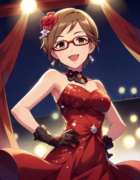 score_9,score_8_up,score_7_up,1girl,solo,cowboy shot,looking at viewer,smile,open mouth,hand on hip,stage lights,<lora:aikawachinatu_ponyXLV6:0.8>,cgac,
brown hair,short hair,brown eyes,red-framed eyewear,
hair flower,red dress,bare shoulders,gloves