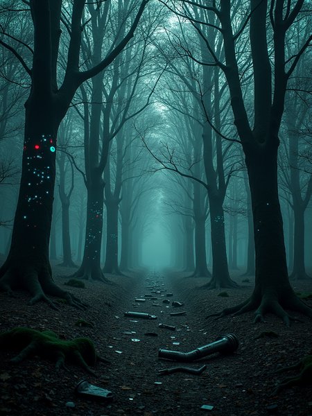 A dark forest with trees wrapped in flashing code, broken lenses and twisted metal on the ground, as if the world has been distorted by some unknown force.